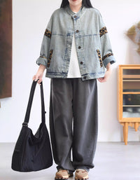 Vintage Leopard Patch Casual Denim Jacket