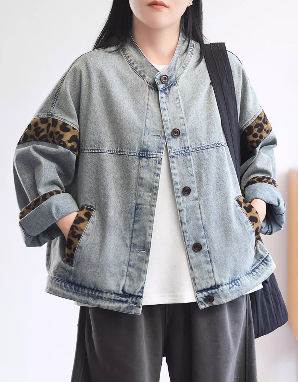 Vintage Leopard Patch Casual Denim Jacket
