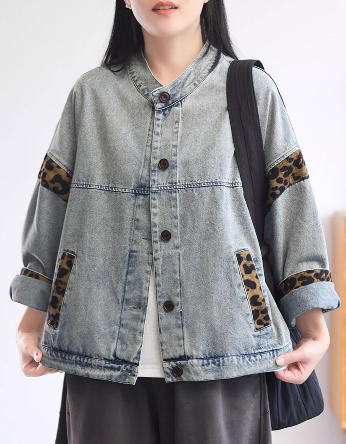 Vintage Leopard Patch Casual Denim Jacket