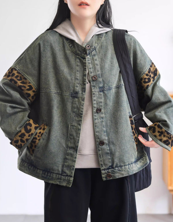 Vintage Leopard Patch Casual Denim Jacket