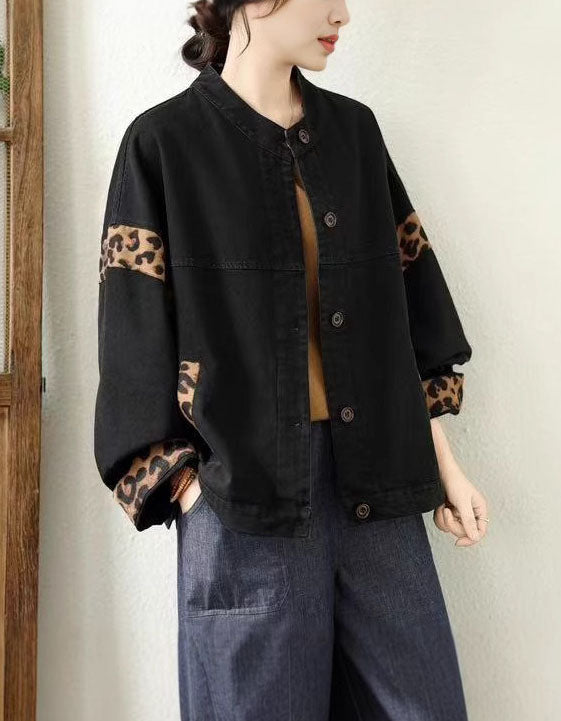 Vintage Leopard Patch Casual Denim Jacket