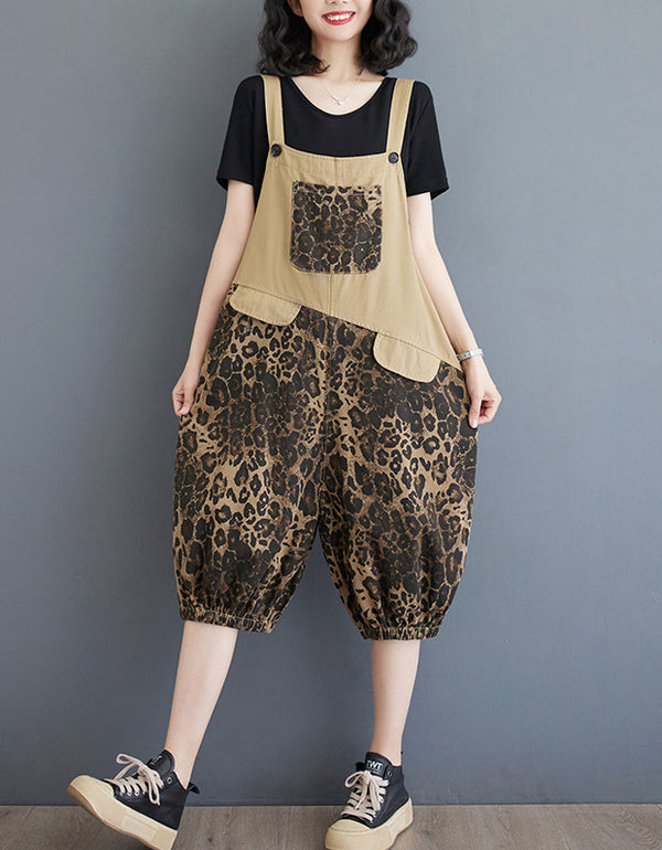 Vintage Leopard Patchwork Denim Jumpsuit Shorts
