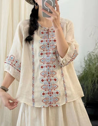 Vintage Lightweight Embroidered Ramie Linen Blouse
