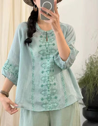 Vintage Lightweight Embroidered Ramie Linen Blouse