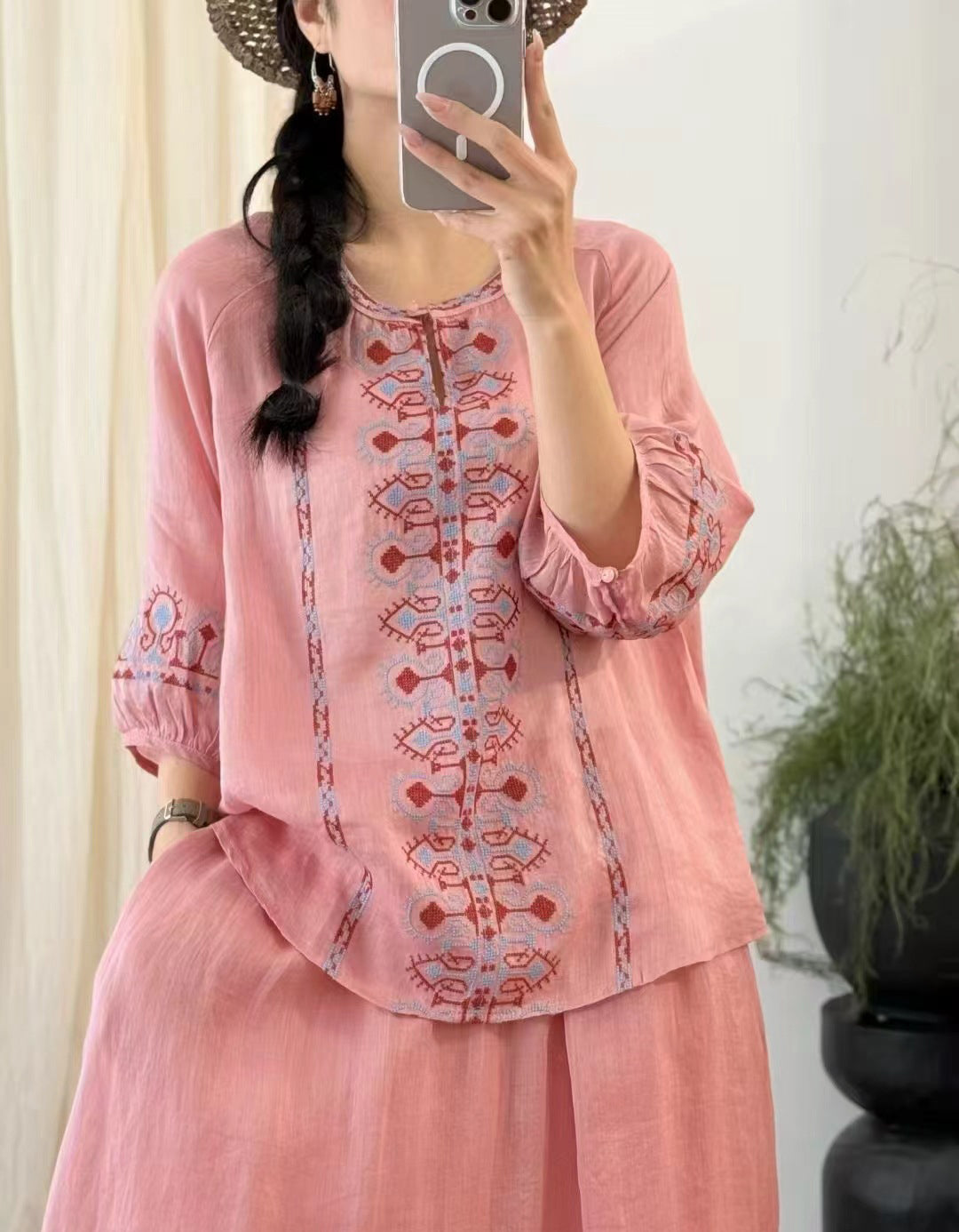 Vintage Lightweight Embroidered Ramie Linen Blouse