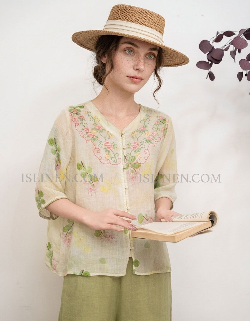 Casual Green Floral Linen Top Women Lightweight Summer Blouse