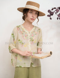 Casual Green Floral Linen Top Women Lightweight Summer Blouse