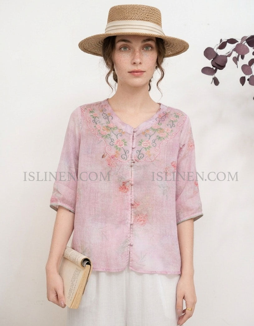 Women Pink Floral Embroidered Linen Blouse Vintage Style