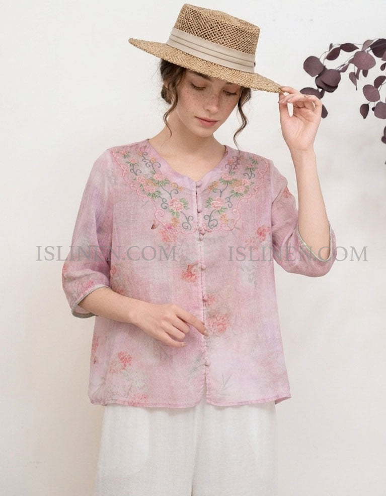 Boho Pink Linen Blouse Floral Embroidery Elegant Women Top