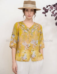 Soft Yellow Linen Blouse Floral Embroidery Casual Women Top