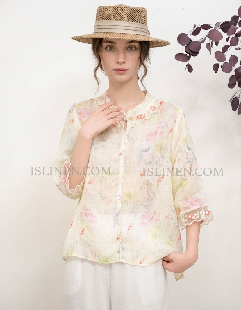 Vintage Floral Embroidered Beige Linen Shirt Women Loose Fit