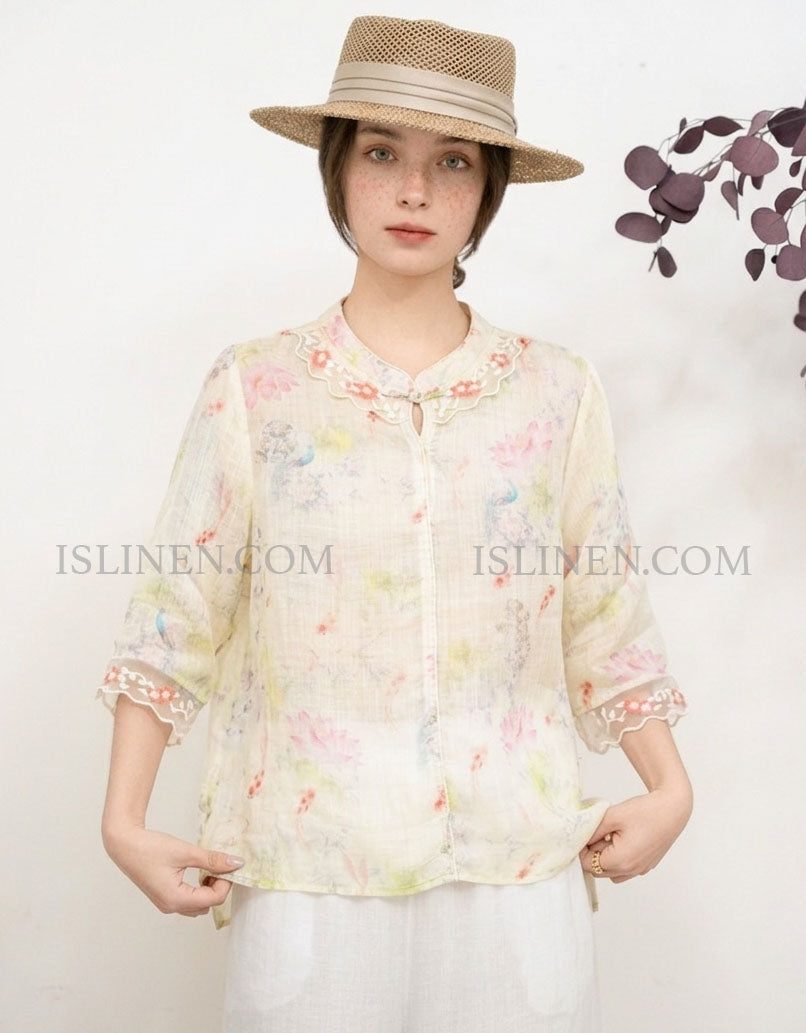 Lightweight apricot linen top for women with soft floral embroidery