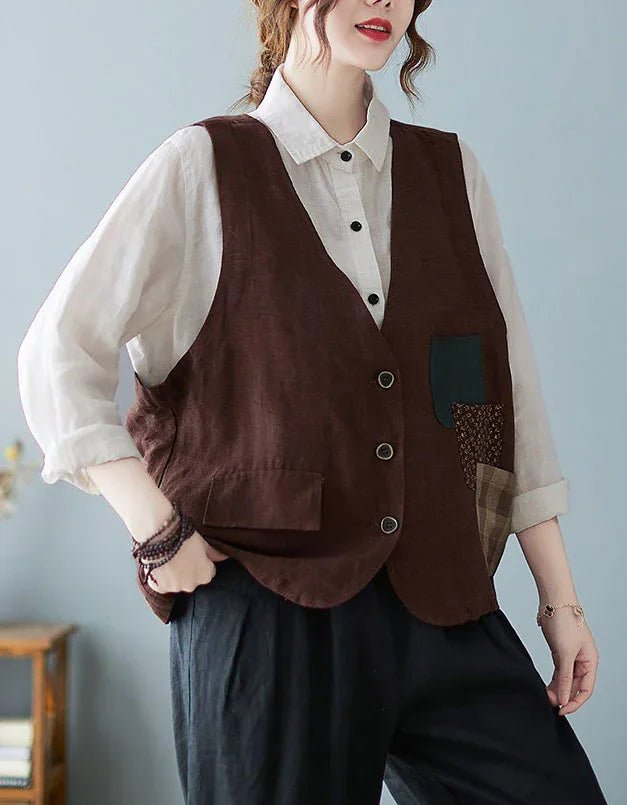 Vintage Linen Patchwork Vest for Women - Islinen