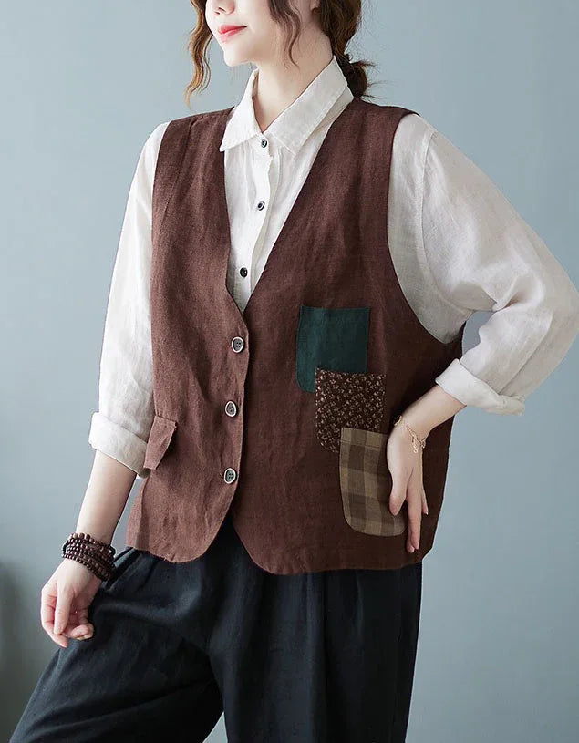 Vintage Linen Patchwork Vest for Women - Islinen