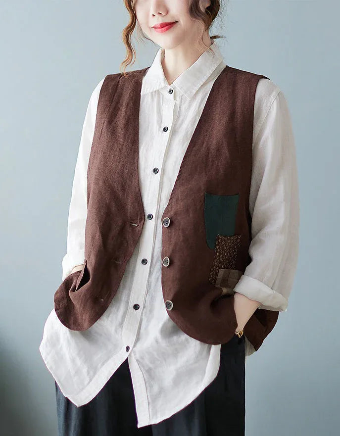 Vintage Linen Patchwork Vest for Women - Islinen