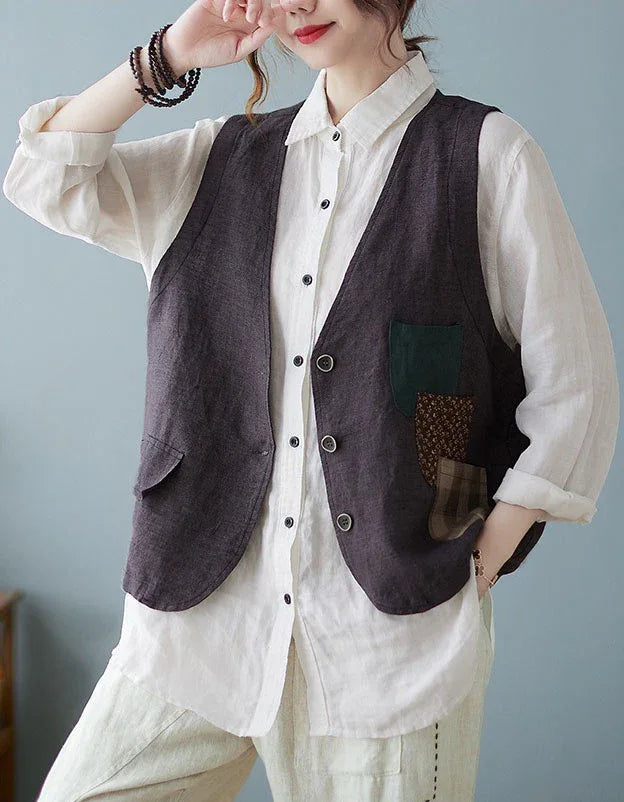 Vintage Linen Patchwork Vest for Women - Islinen