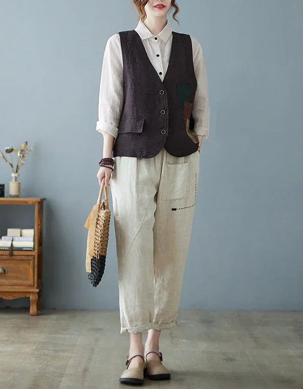 Vintage Linen Patchwork Vest for Women - Islinen