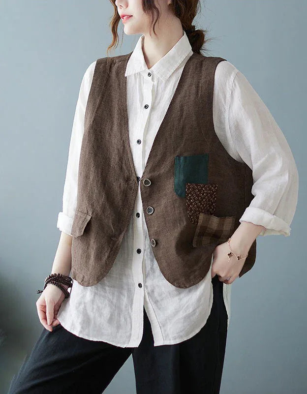 Vintage Linen Patchwork Vest for Women - Islinen