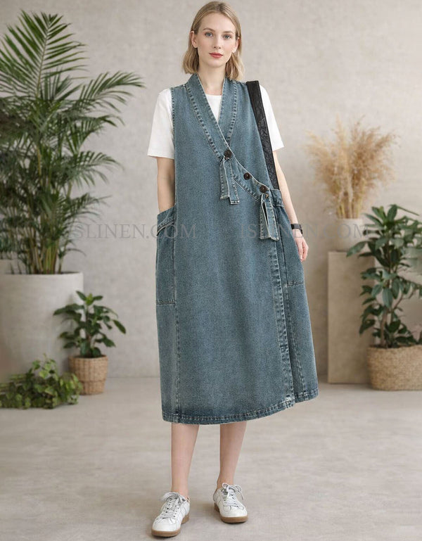 Women’s sleeveless denim midi pinafore dress front view
