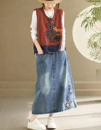 Vintage Loose Casual Floral Embroidered Denim Skirt - Islinen