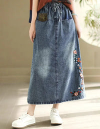 Vintage Loose Casual Floral Embroidered Denim Skirt - Islinen