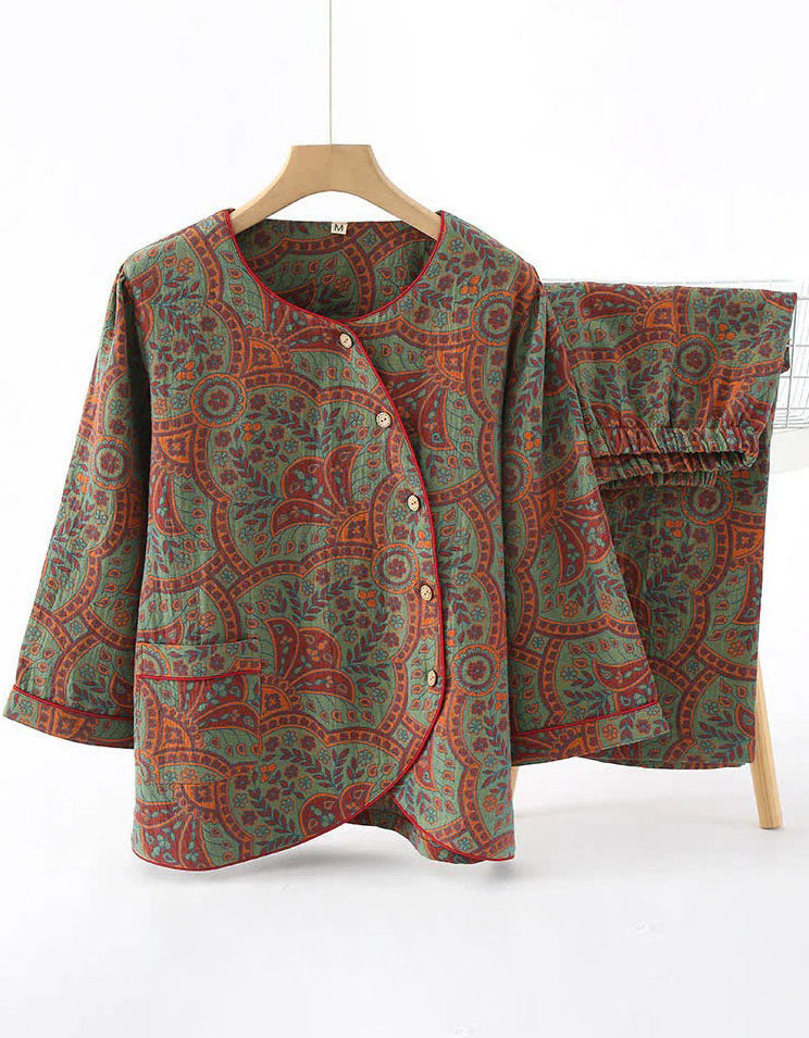 Vintage Loose Casual Jacquard Round Neck Pajama Set