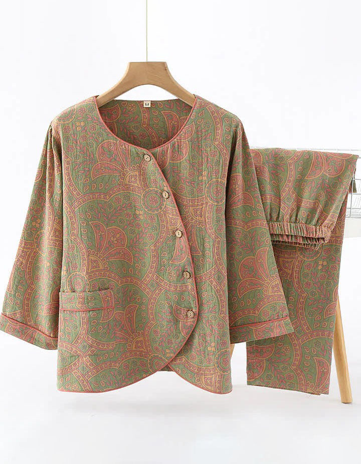 Vintage Loose Casual Jacquard Round Neck Pajama Set