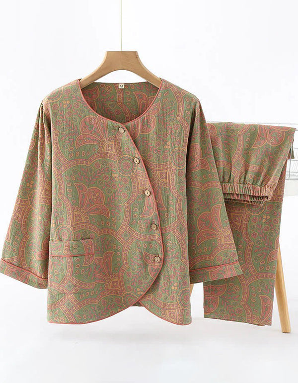 Vintage Loose Casual Jacquard Round Neck Pajama Set