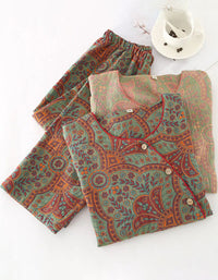 Vintage Loose Casual Jacquard Round Neck Pajama Set