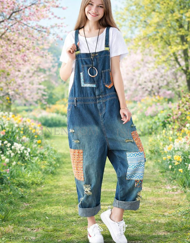 Women denim overalls patchwork design front view
