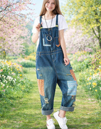 Women denim overalls patchwork design front view