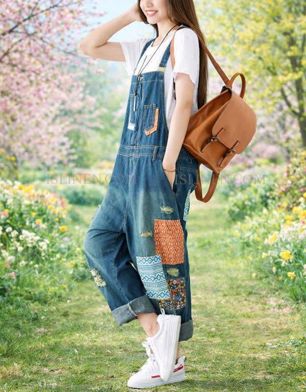 Casual women loose fit denim overalls with patchwork