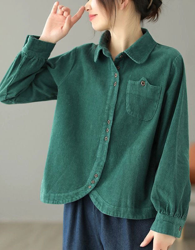 Women’s green corduroy button-down shirt with long sleeves