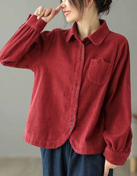 Soft corduroy long sleeve shirt in red for women