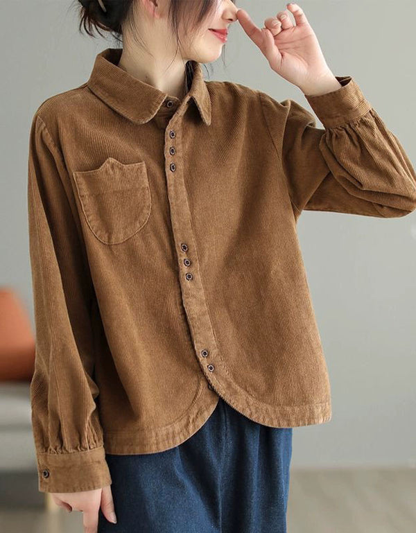 Vintage style coffee corduroy shirt for women, loose fit