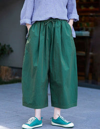 Elastic waist linen wide leg cropped pants green