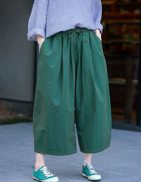 Elastic waist linen wide leg cropped pants green front view