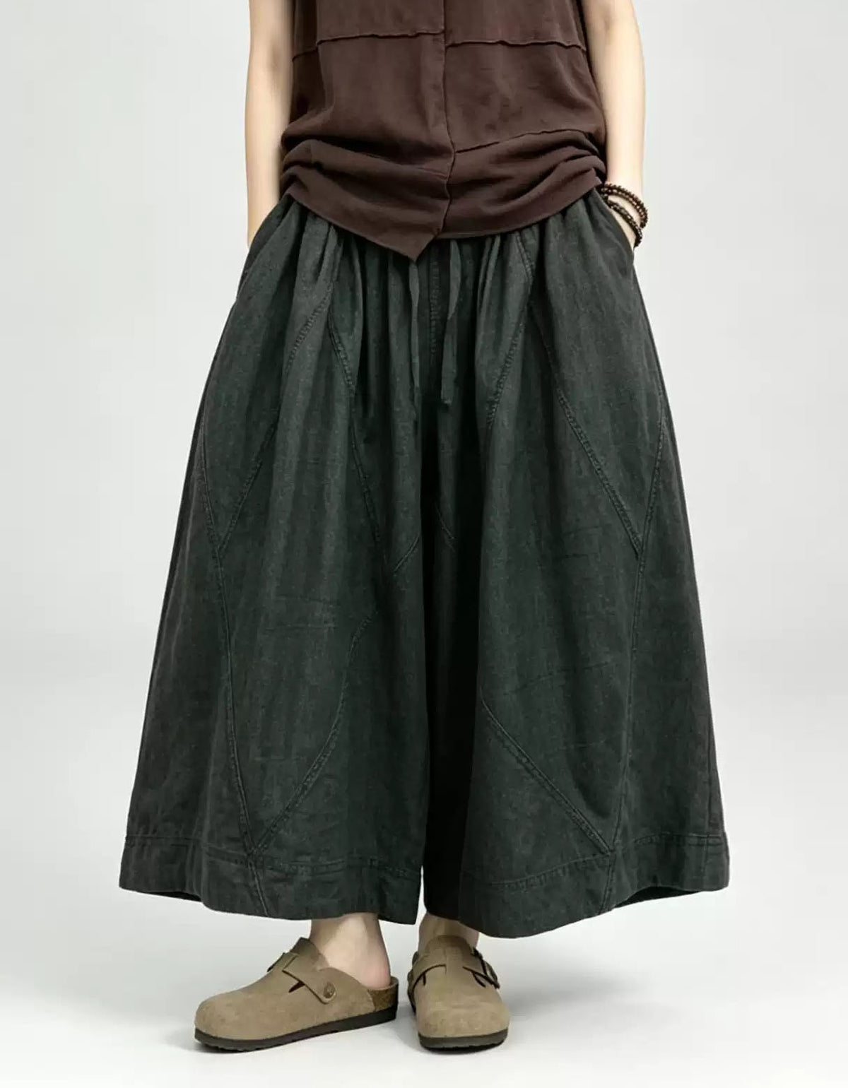 High waisted wide leg denim jeans with unique panel stitching and relaxed comfortable fit
