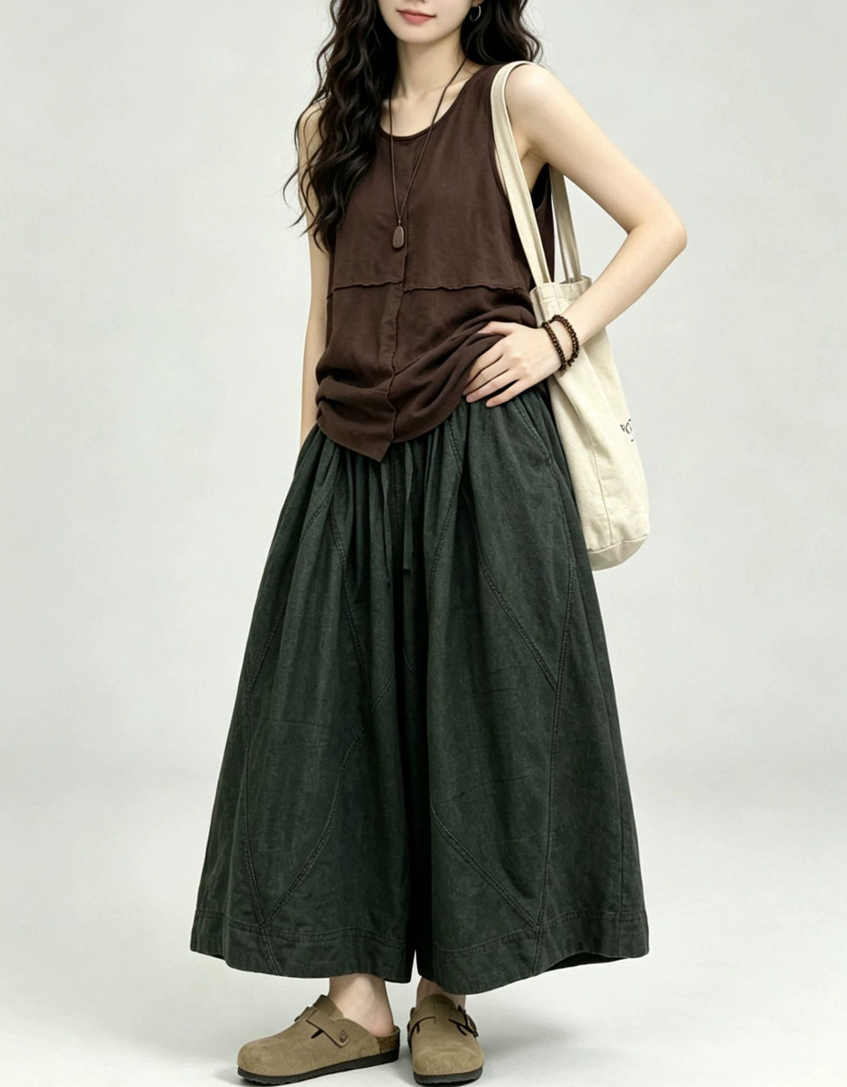 Japanese style oversized denim culotte trousers with comfortable elastic waistband and pockets