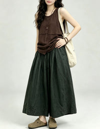 Japanese style oversized denim culotte trousers with comfortable elastic waistband and pockets