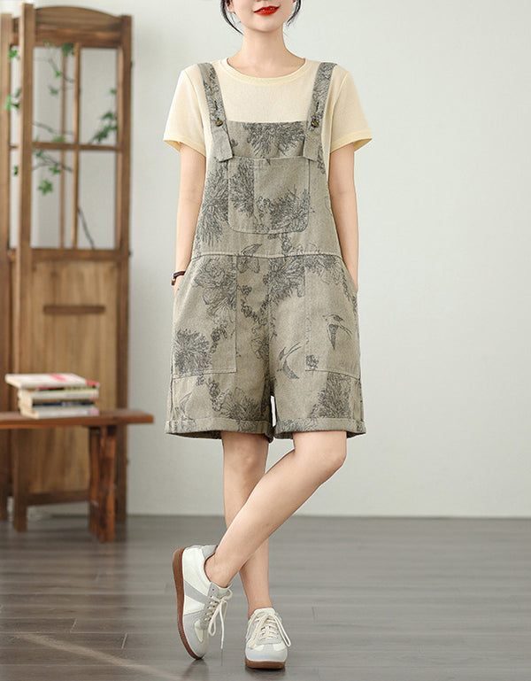 Vintage Loose Fit Floral Denim Shorts Jumpsuit