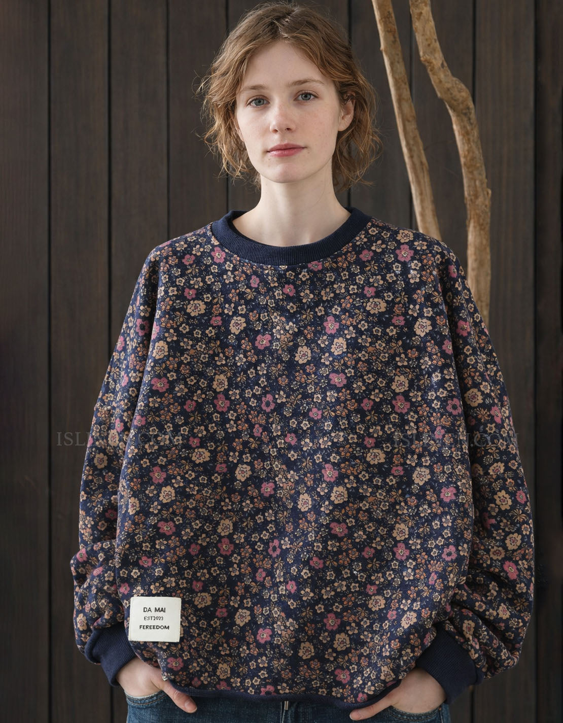 Retro floral pattern sweatshirt women casual style navy