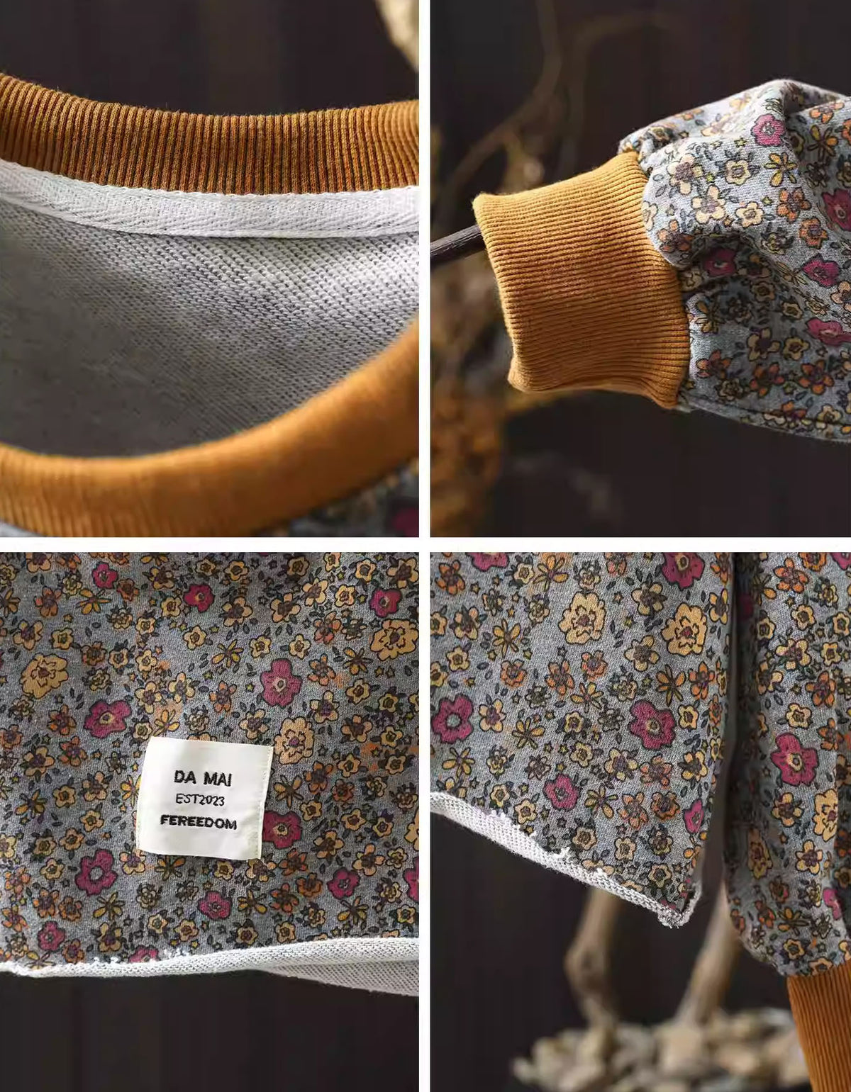 Vintage inspired floral sweatshirt women outfit styling details