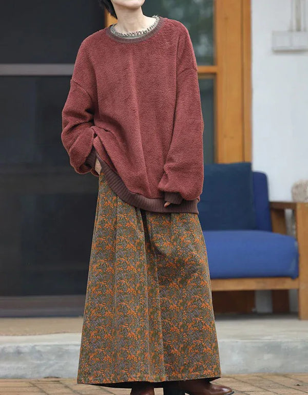 Vintage Loose Casual Floral Corduroy Skirt - Islinen