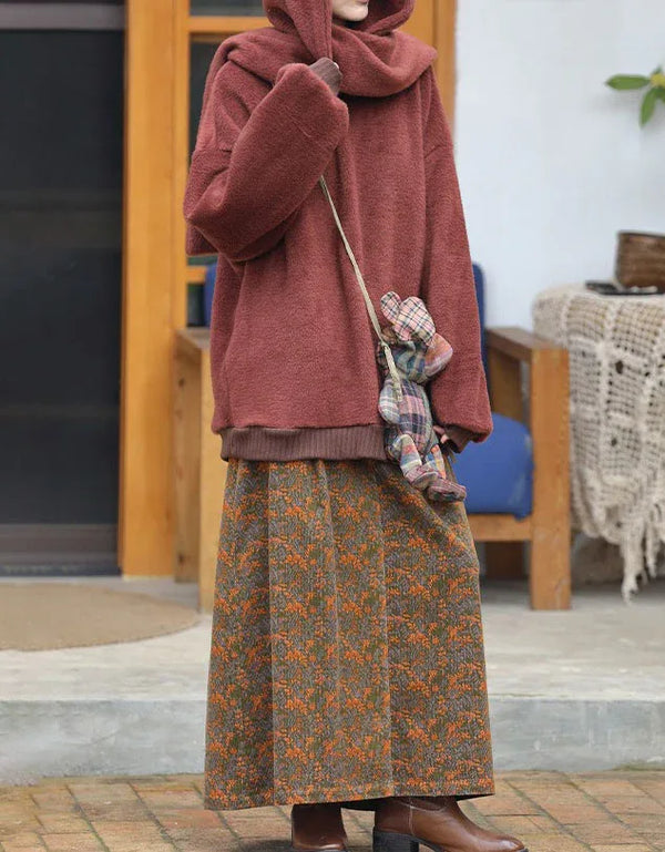 Vintage Loose Casual Floral Corduroy Skirt - Islinen