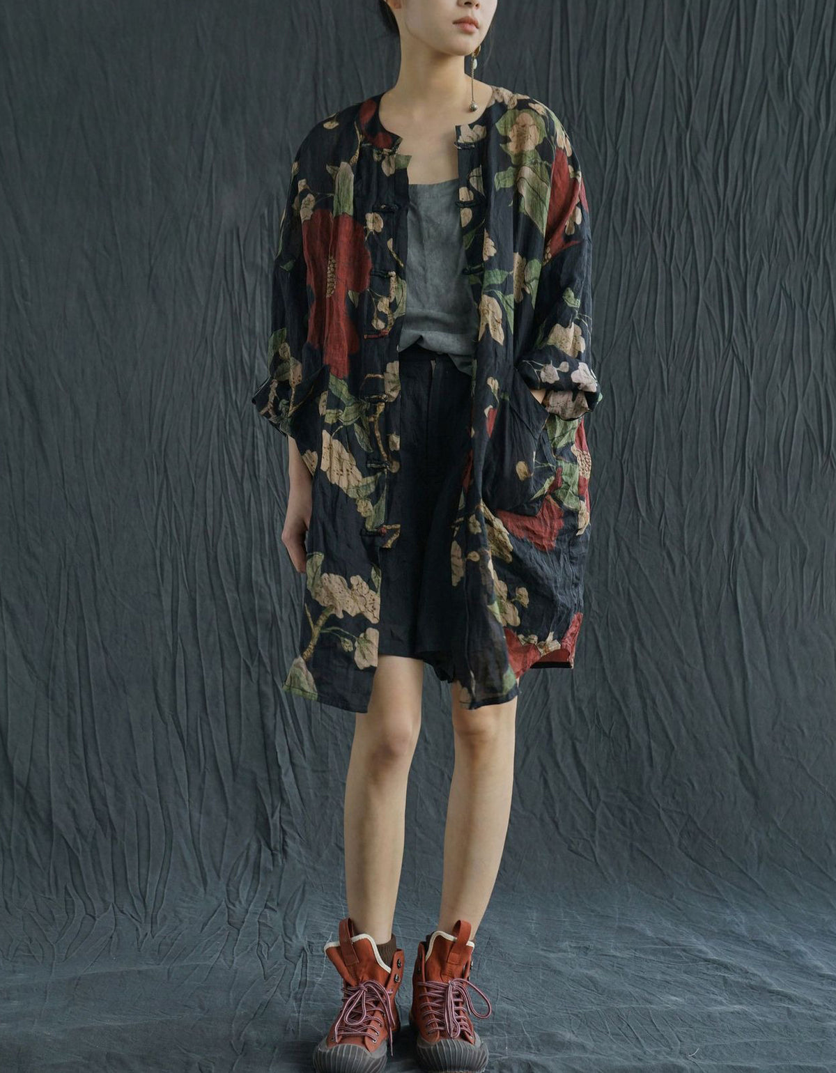 Vintage Loose Floral Linen Long Shirt