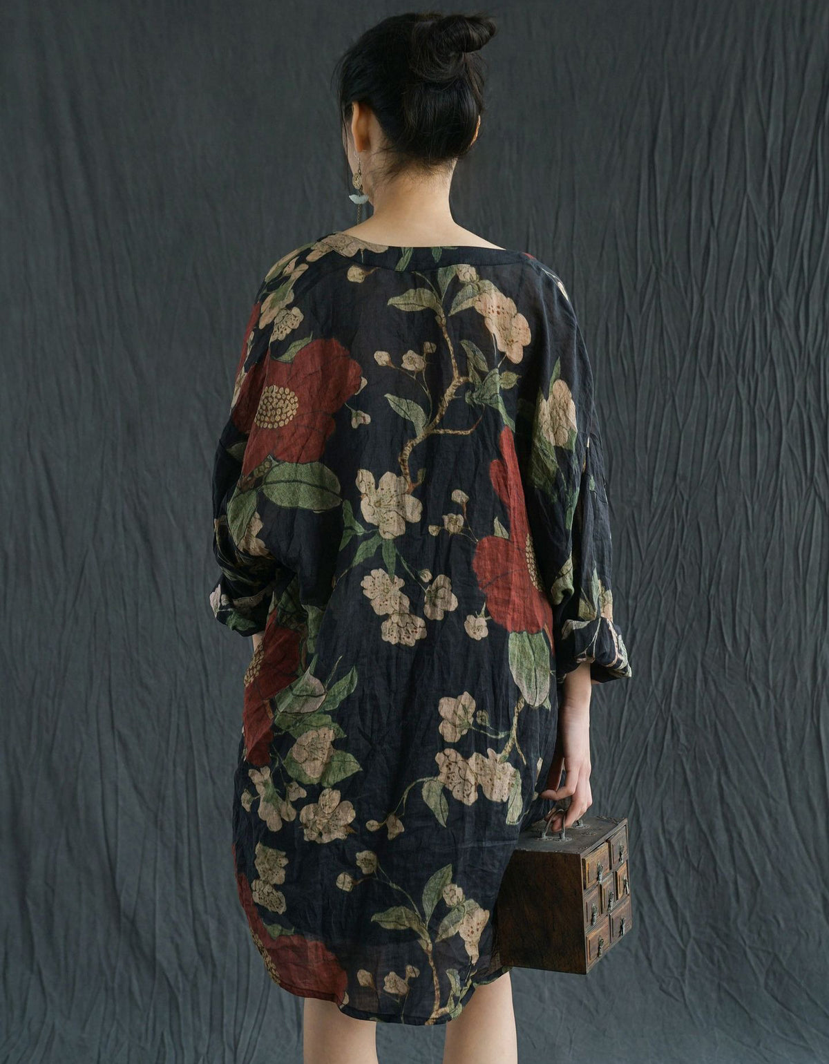 Vintage Loose Floral Linen Long Shirt