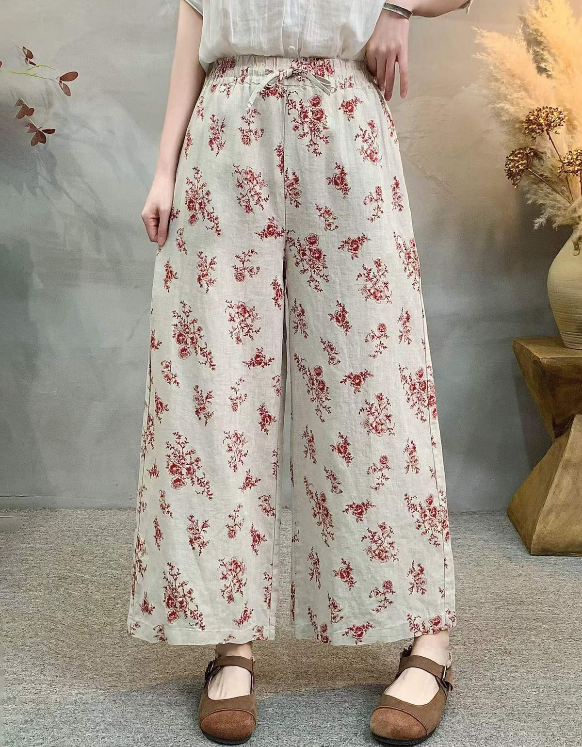 Women’s Floral Wide Leg Pants – Vintage Linen Loose Fit Summer Trousers