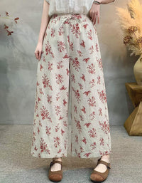 Women’s Floral Wide Leg Pants – Vintage Linen Loose Fit Summer Trousers