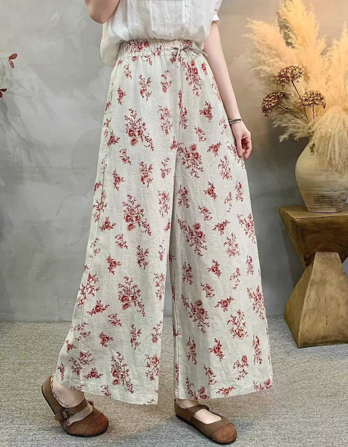 Casual Floral Wide Leg Pants – Elastic Waist Boho Loose Fit Trousers